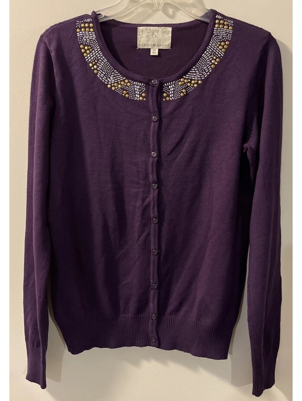 Debbie Morgan Womens Medium Purple Jeweled Long Sleeve Button Up Cardigan! A2676